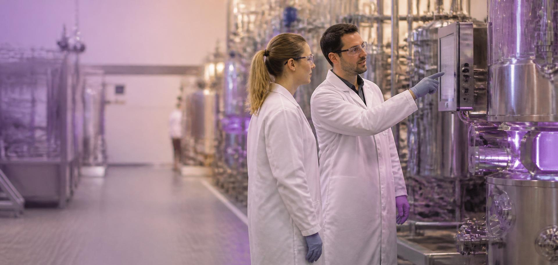 TruBiotech researchers reviewing a bioreactor control panel in an Australian facility