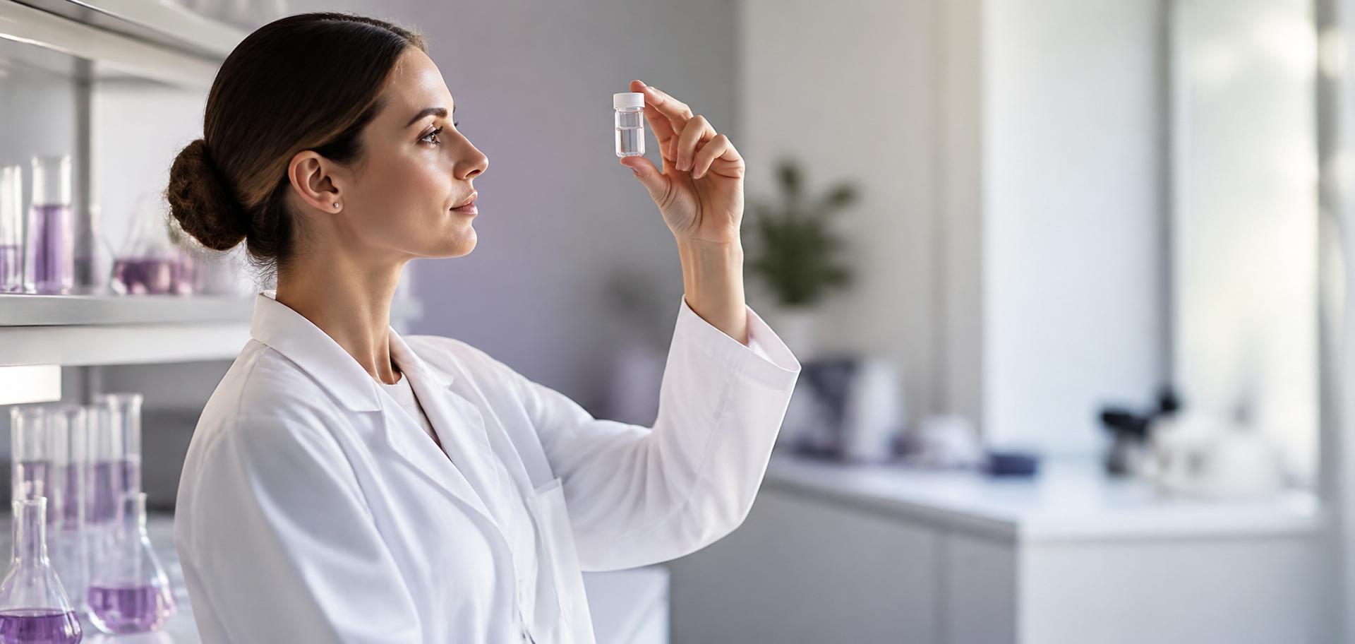 TruBiotech scientist evaluating a small vial of biotechnology-derived material